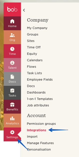 Pressing the integrations menu option in the slide out window