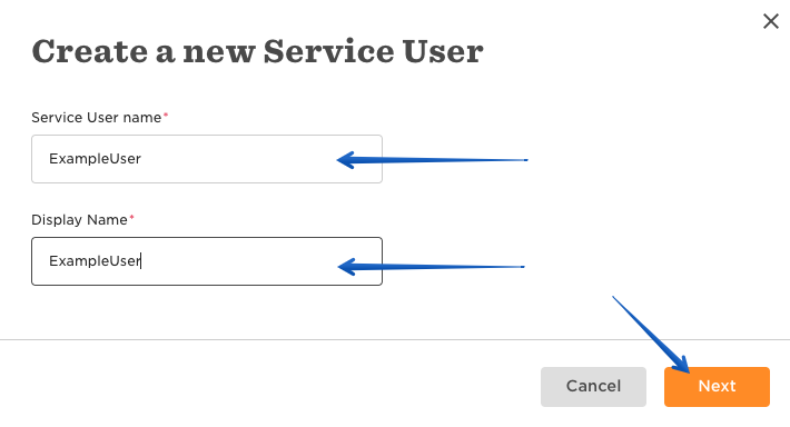 Naming the new service user and giving them a display name