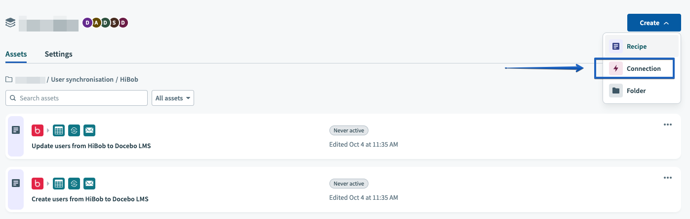 Pressing Create connection in the HiBob folder