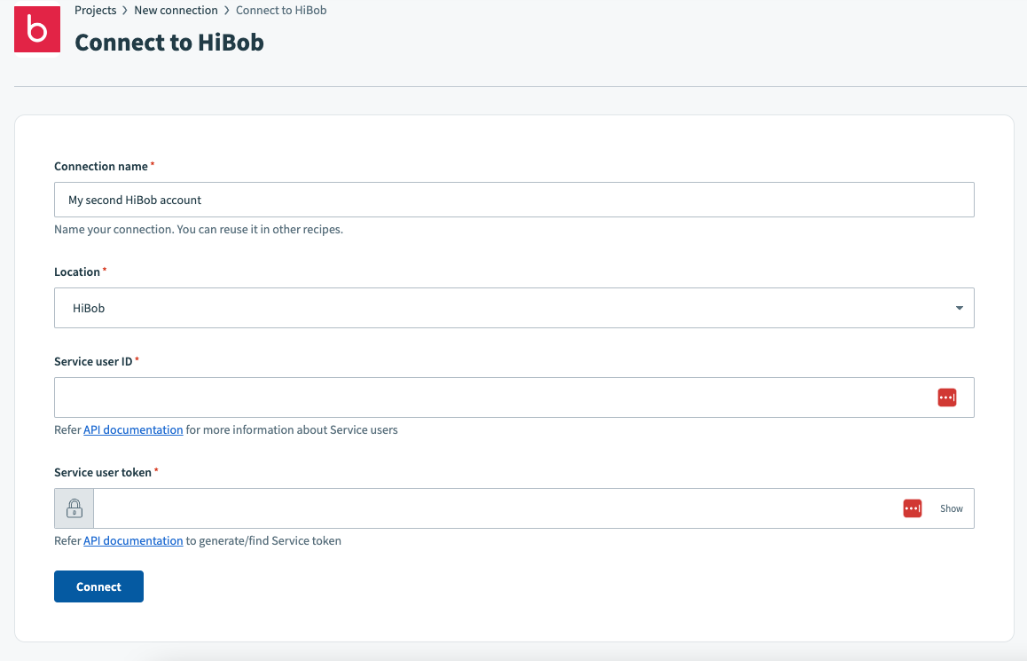 Filling in the connection name, location, service user ID and token in teh HiBob connector configuration window