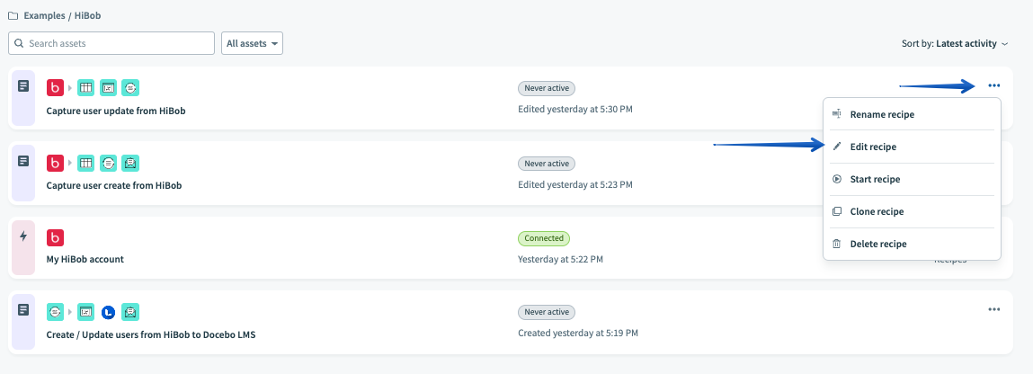 Pressing Edit Recipe in the list of recipes