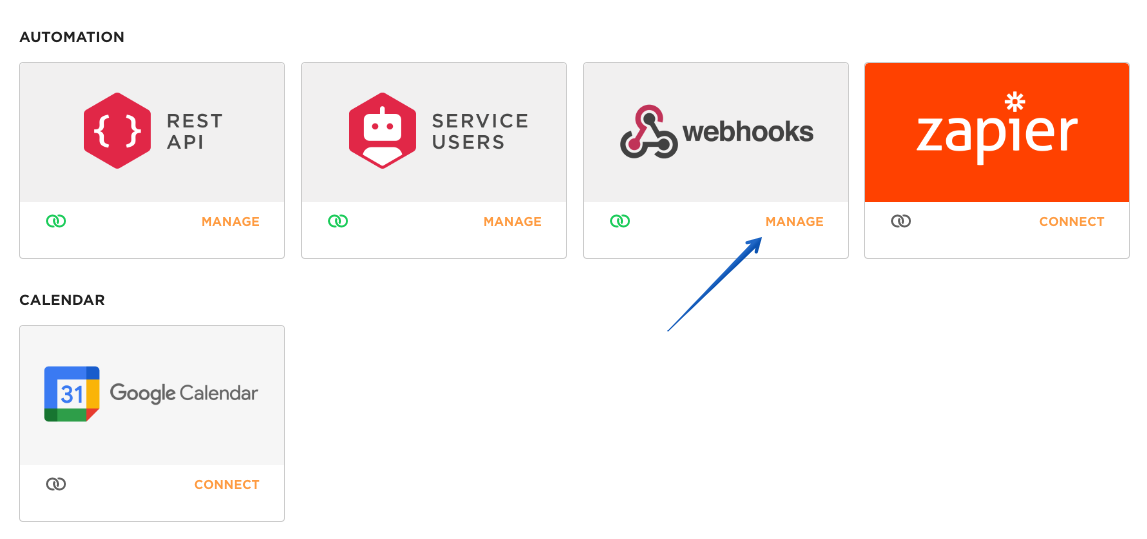 Pressing Manage in the Webhooks item in the Automation section