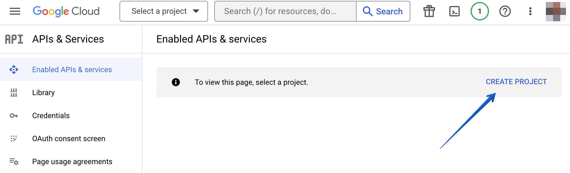 Creating a new project after logging into the Google Developer Console