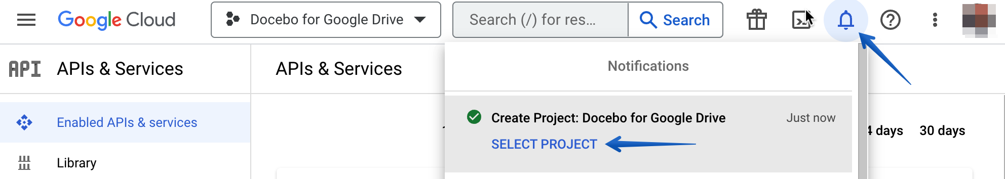 Selecting the project in the notification drop-down list