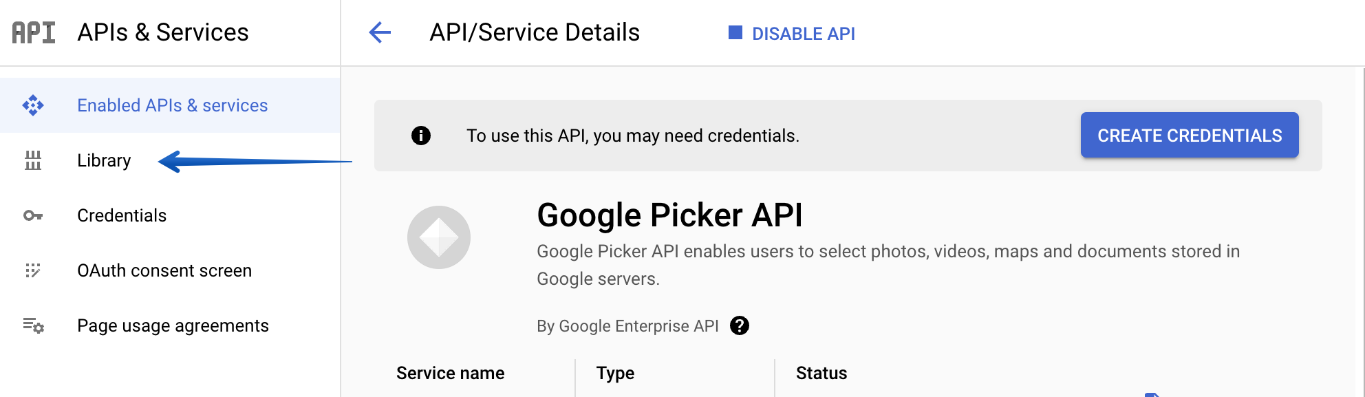 Returning to the API Library by pressing the Library button in the APIs and Services menu