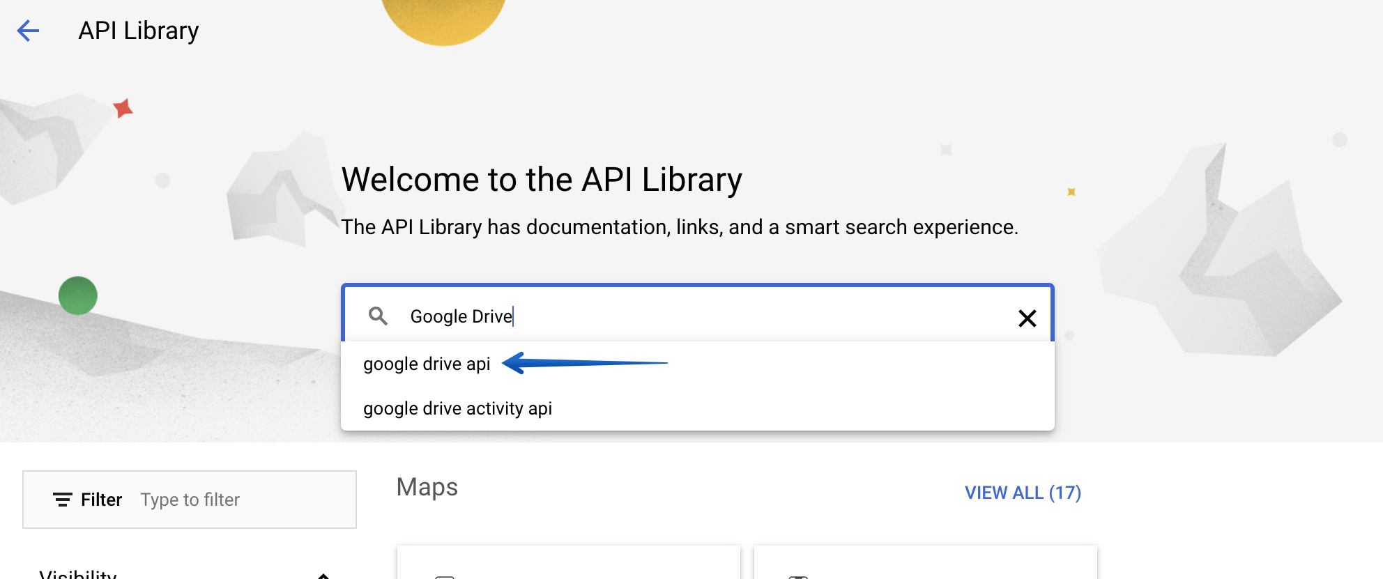 Entering the search for Google Drive API in the API Library search box