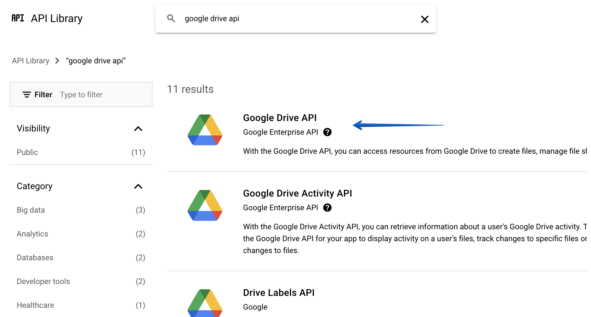 Selecting the Google Drive API in the search results list