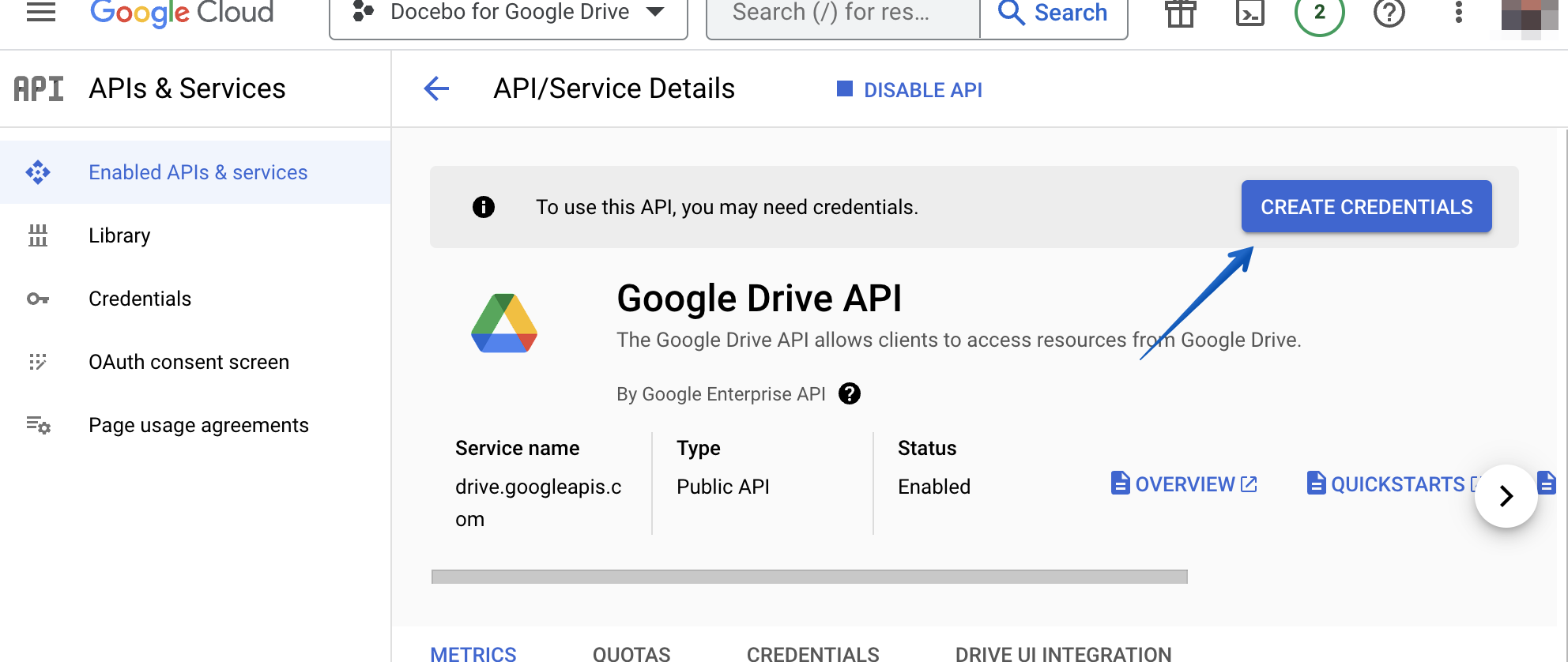 Pressing the Create Credentials button on the Google Drive API overview page