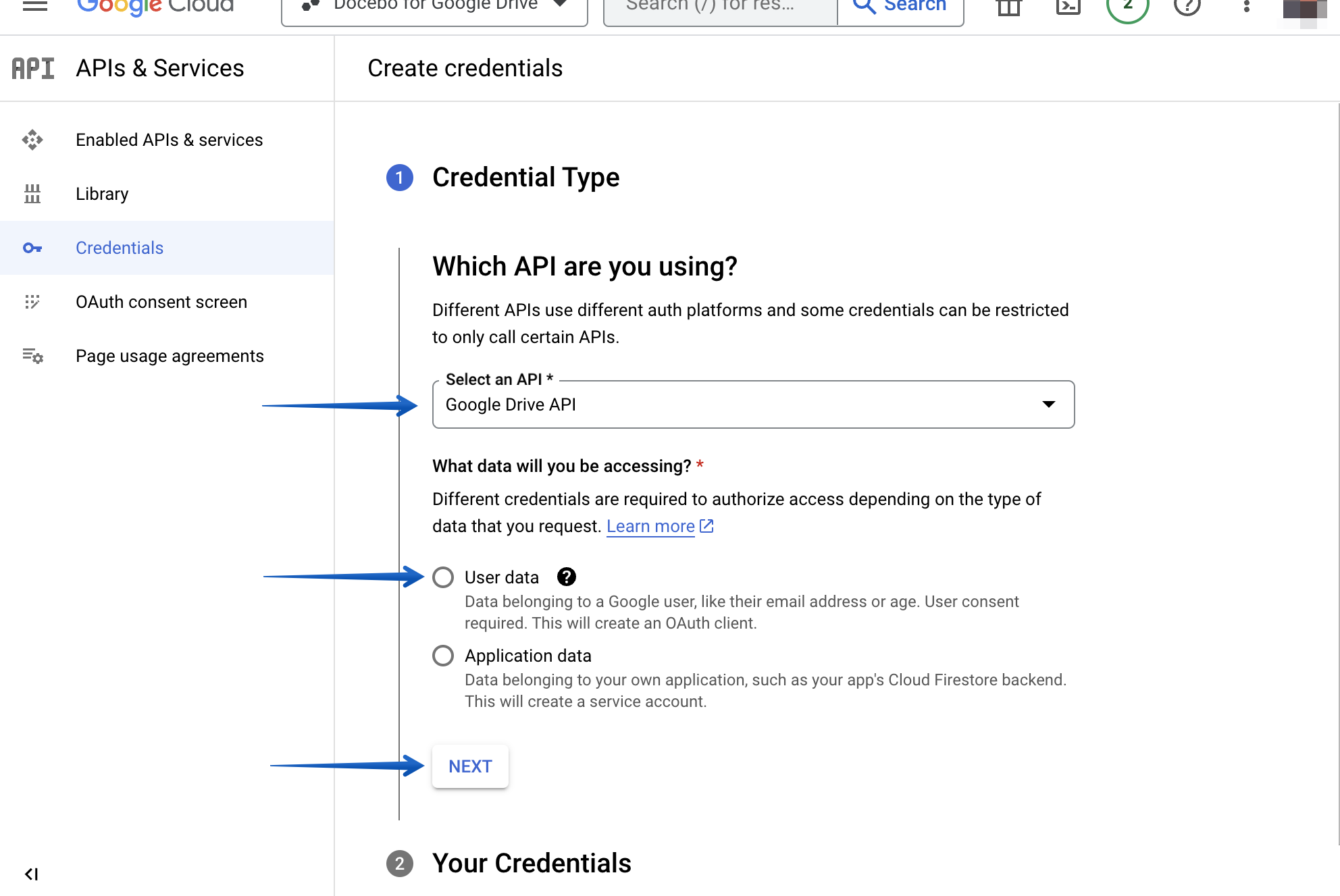 Creating credentials, selecting the type of API and data used