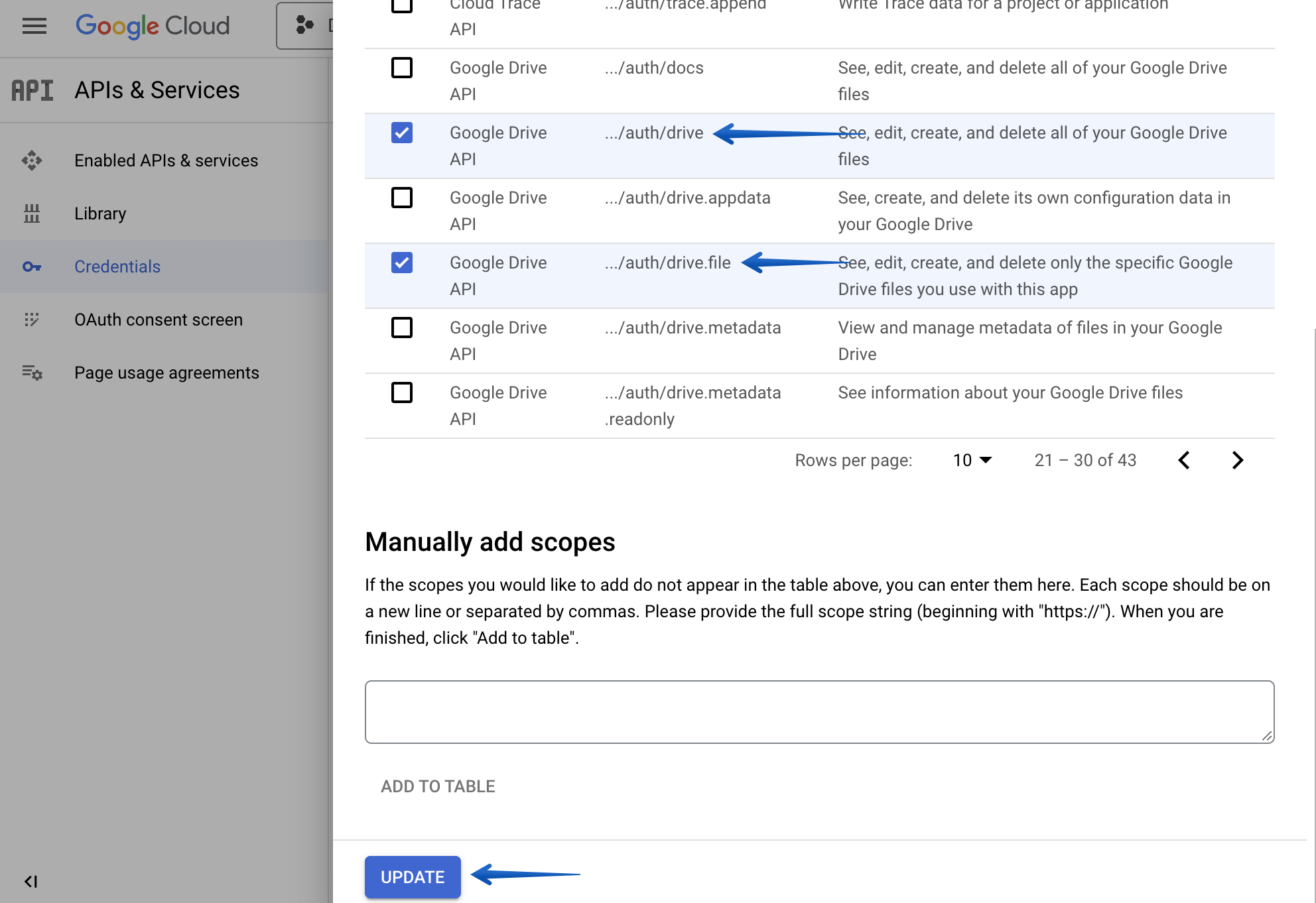 Adding the Google Drive APIs ../auth/drive and ../auth/drive.file