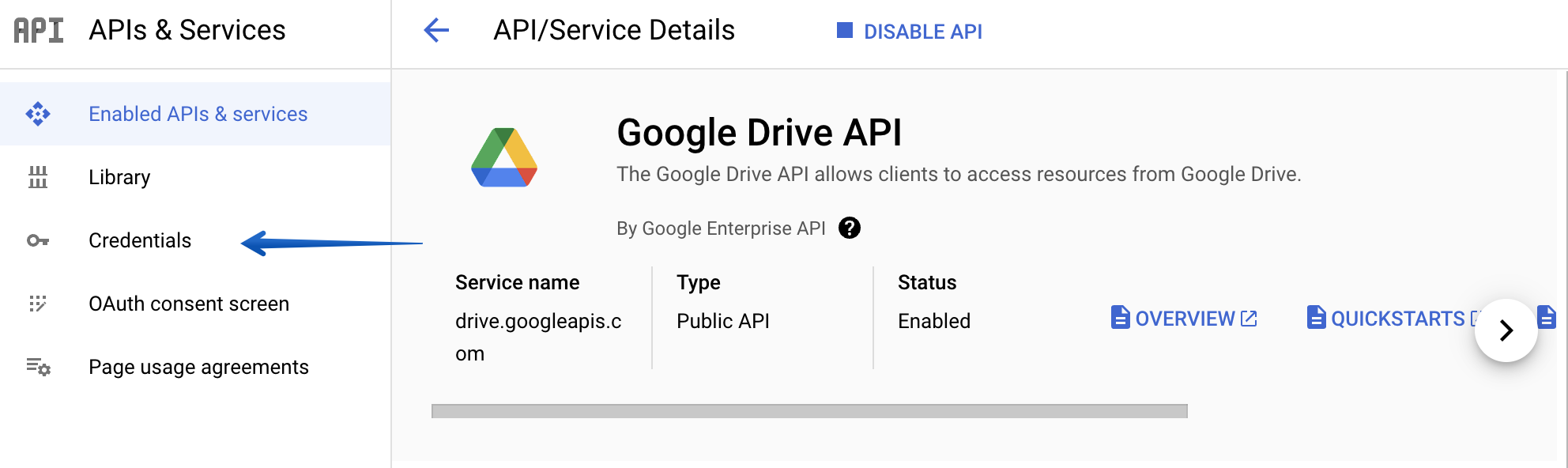 Pressing the Credentials tab in the APIs and Services menu