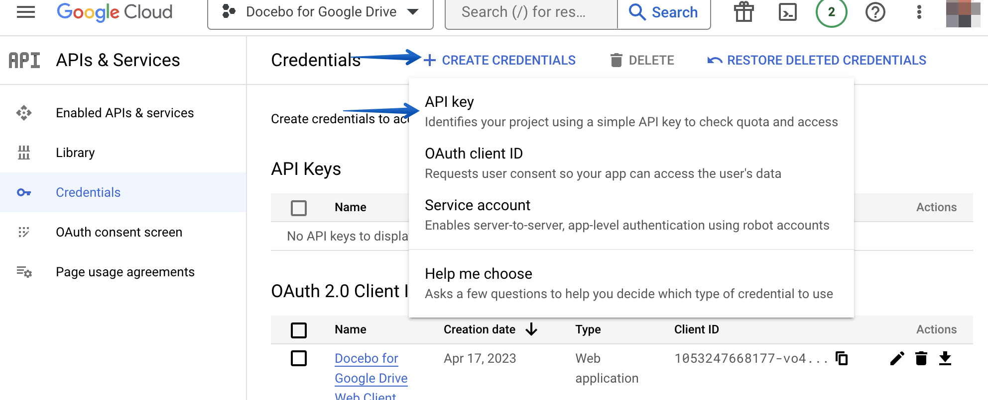 Pressing Create Credentials and selecting API key from the drop-down list