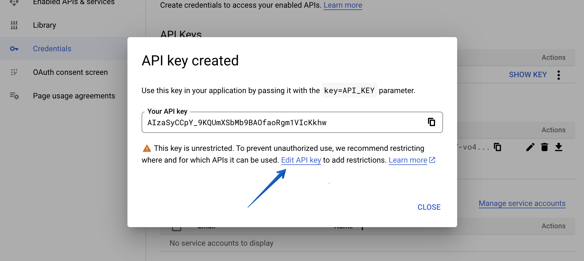 Copy and paste the displayed API key for future reference, then press Edit API key link, do not press Close