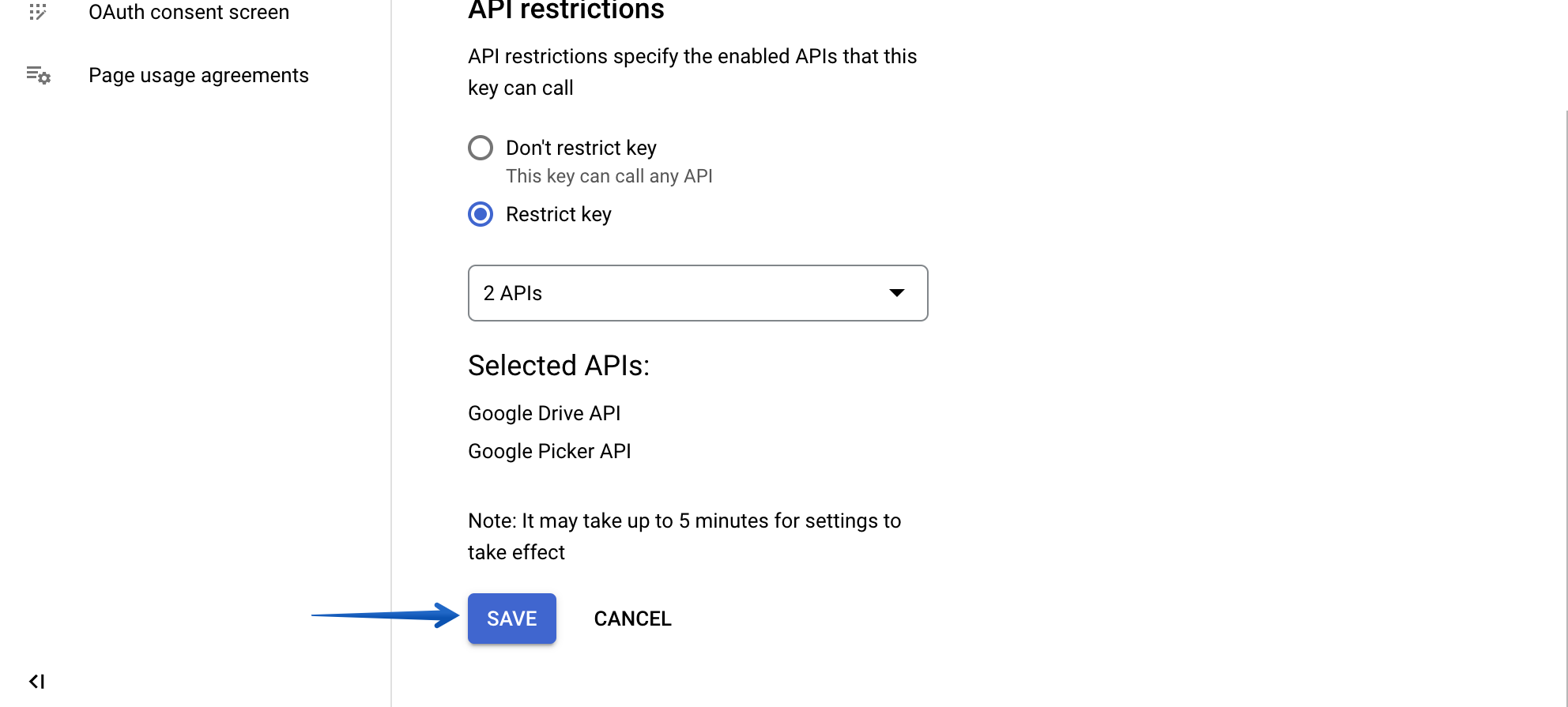 Pressing the Save button to finish restricting the API