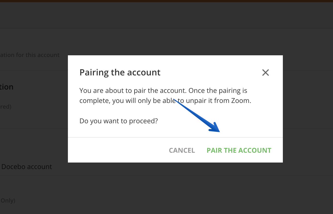 Pressing the Pair the Account button to confirm the pairing