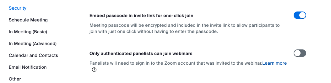 Turning on Embed passcode in invite link for one-click join