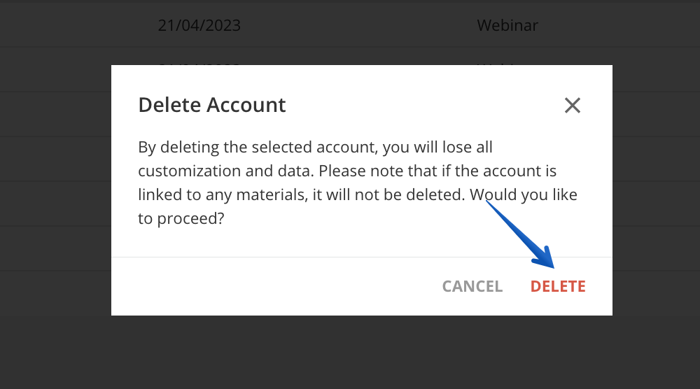 Confirming the account deletion