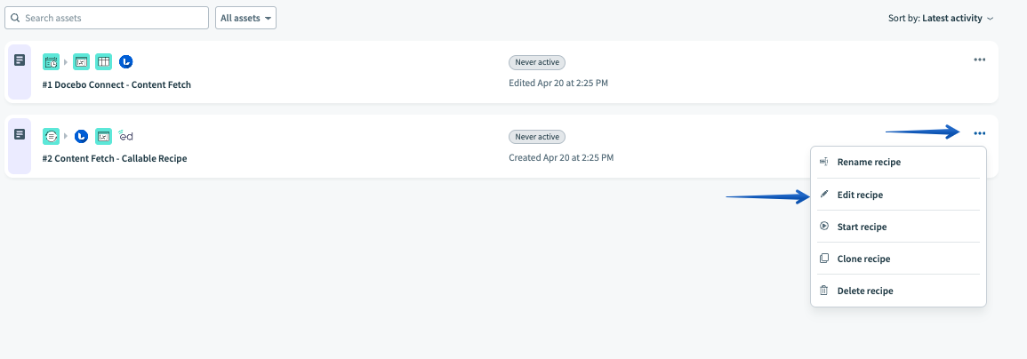 Locating the #2 Content Fetch - Callable Recipe, pressing the ellipsis button and then selecting Edit Recipe from the dropdown menu