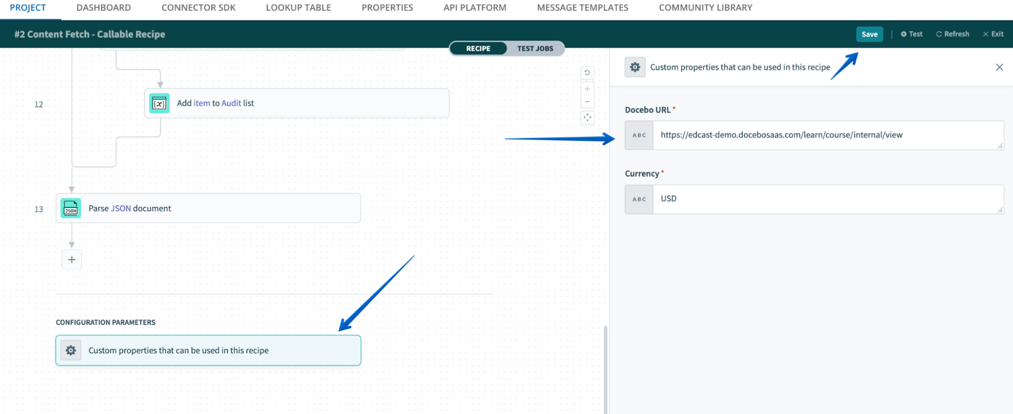 Selecting the Configuration Parameters item in the recipe and editing the URL, followed by pressing Save