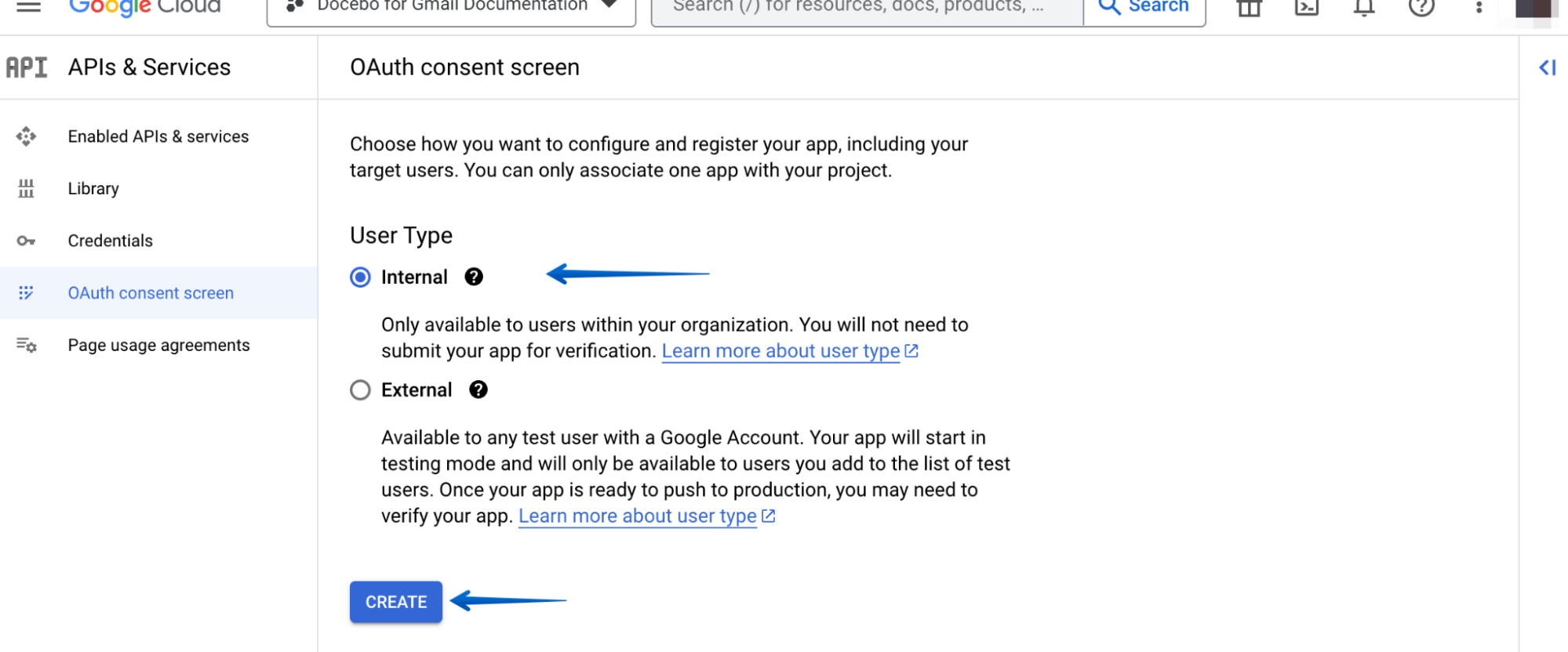 Setting the User Type to Internal and then pressing the Create button