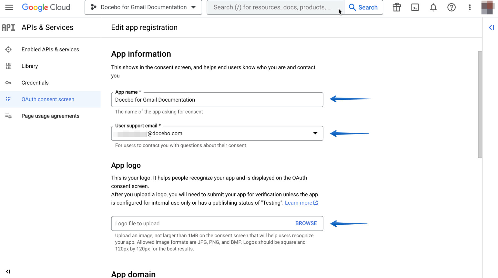 Naming the app, picking a support email address and optionally uploading a logo file