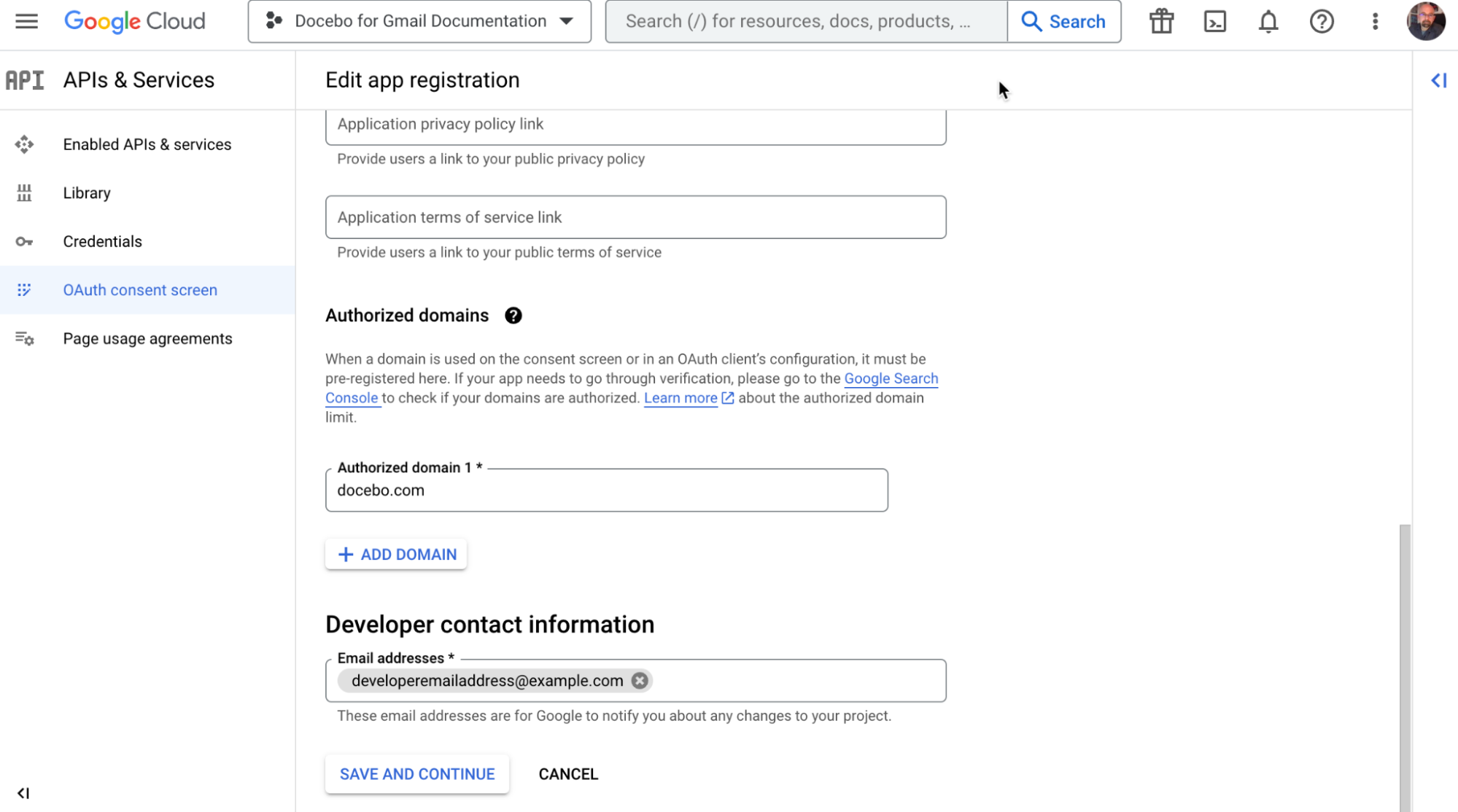 Entering the authorized domain and developer email address. Then, pressing Save and Continue.