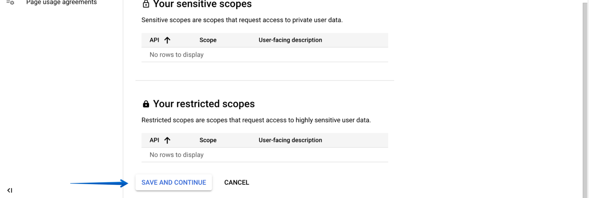 Pressing Save and Continue in the Scopes section