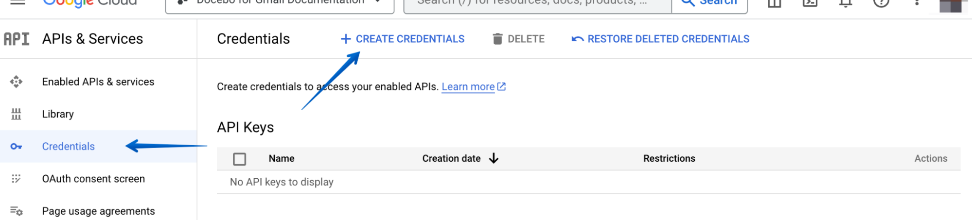 Pressing Create Credentials in the Credentials screen