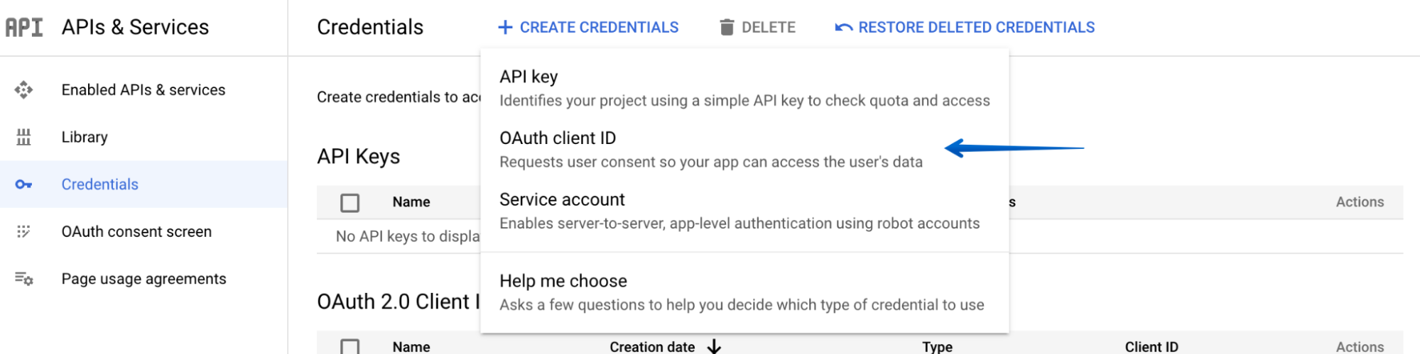 Selecting OAuth Client ID in the drop-down menu
