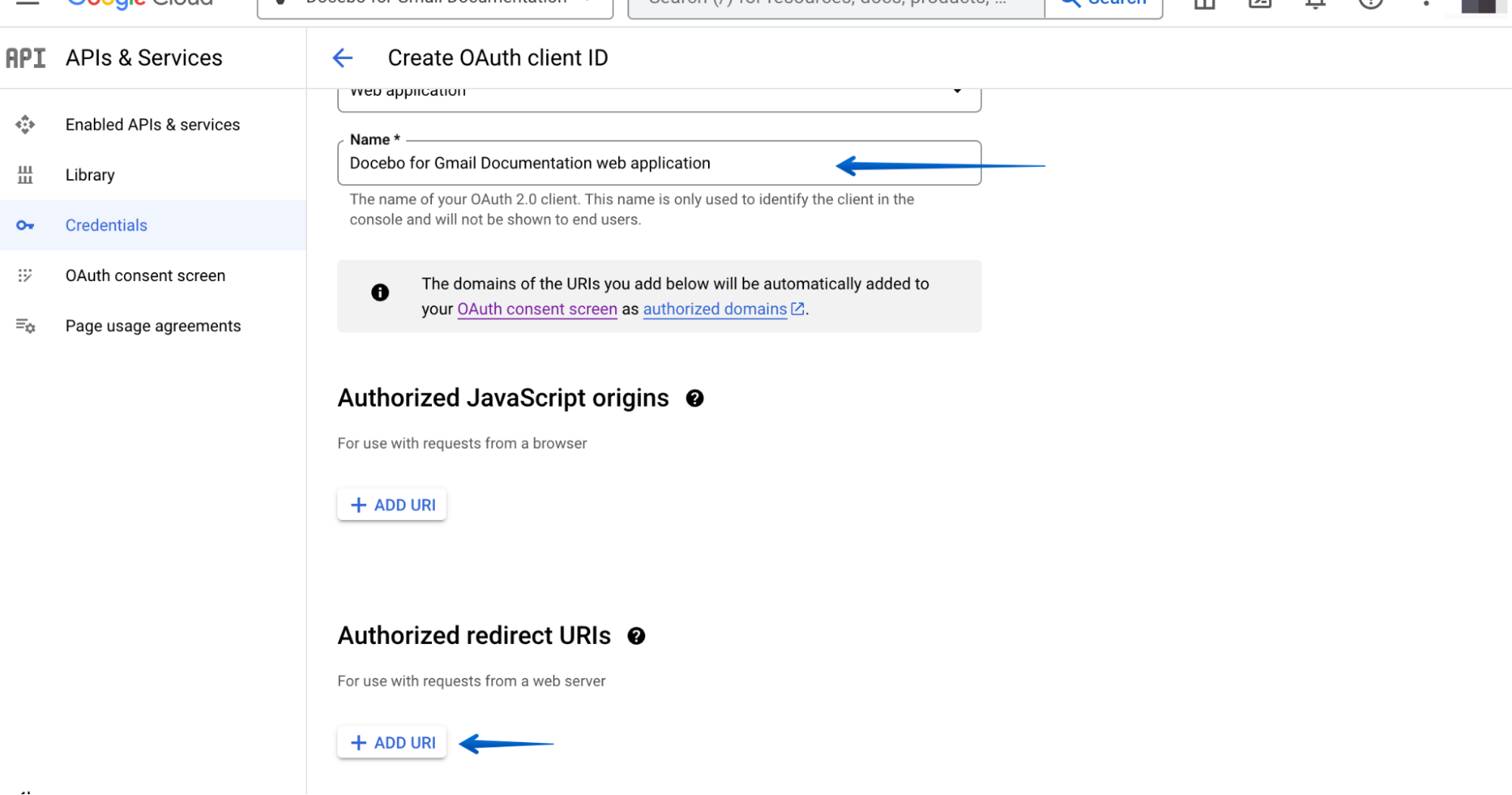 Naming the Web Application and pressing the Add URI button