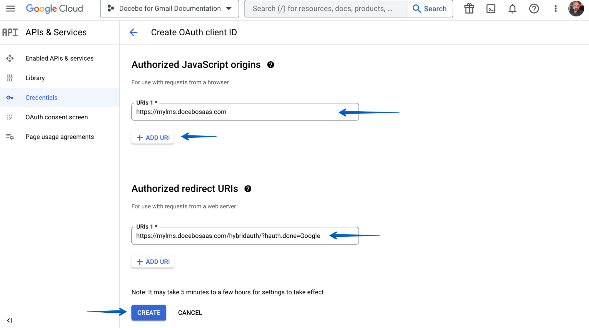 Entering the Redirect URL and Platform URL followed by pressing the Create button