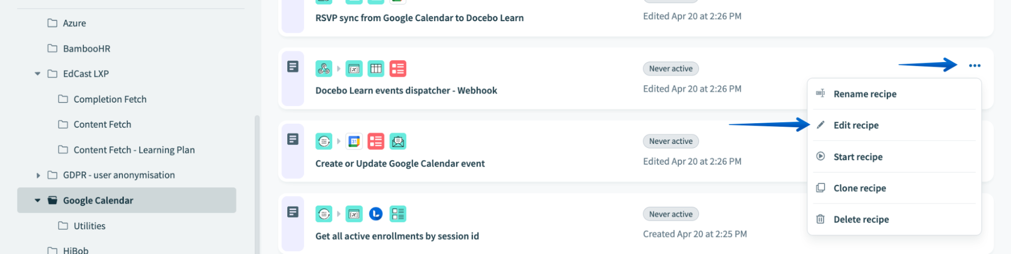 Locating a Webhook dependent recipe and pressing Edit
