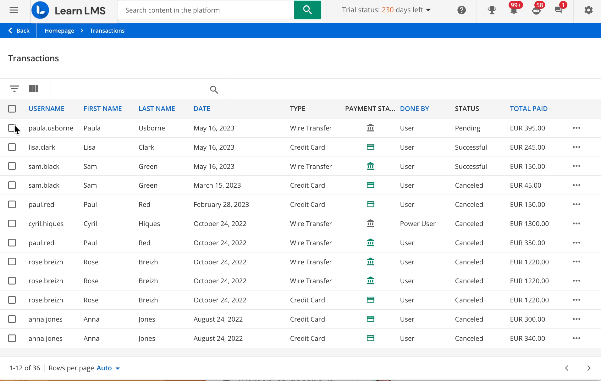 Exporting transactions