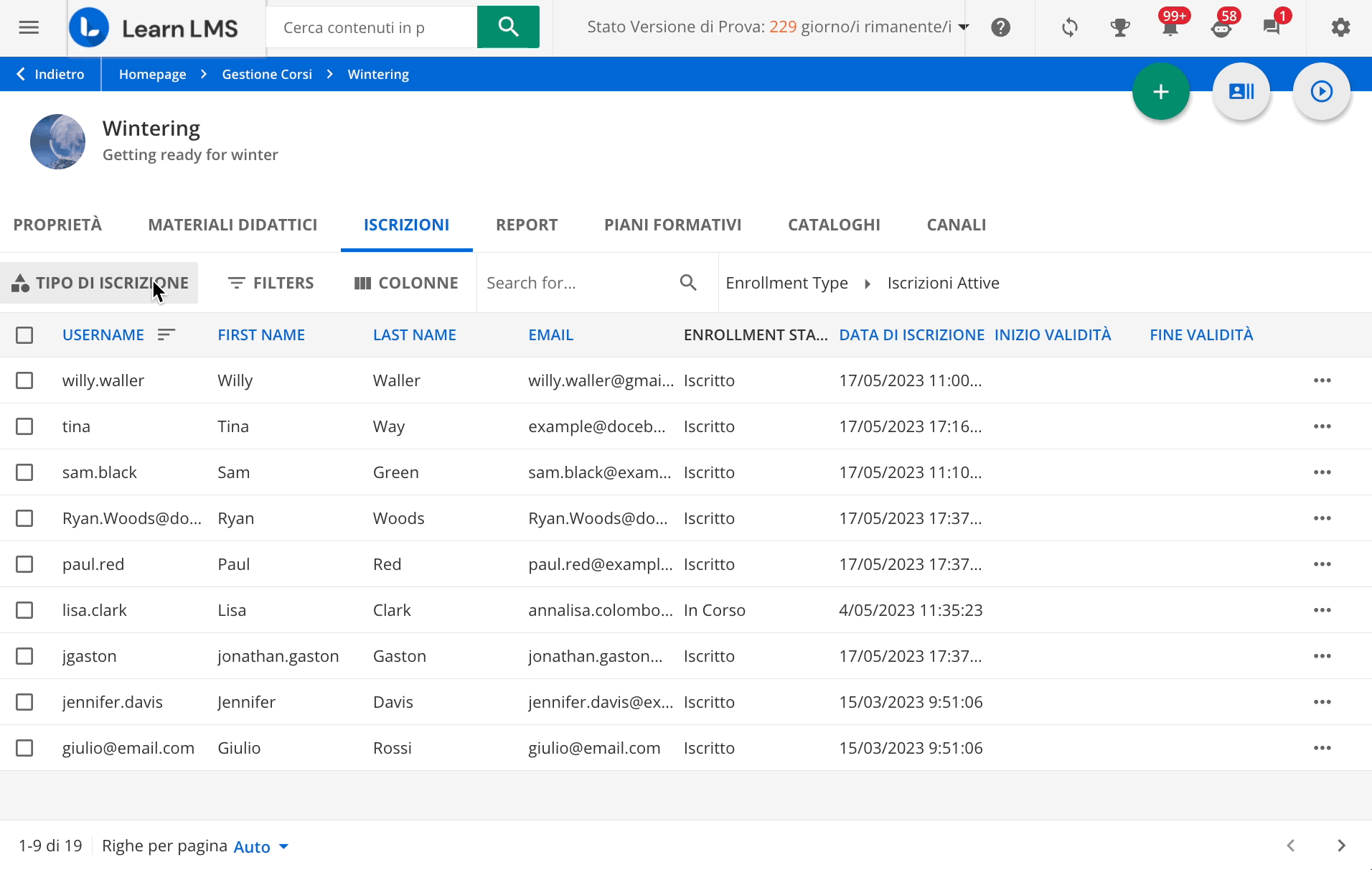Visualizzare le iscrizioni archiviate