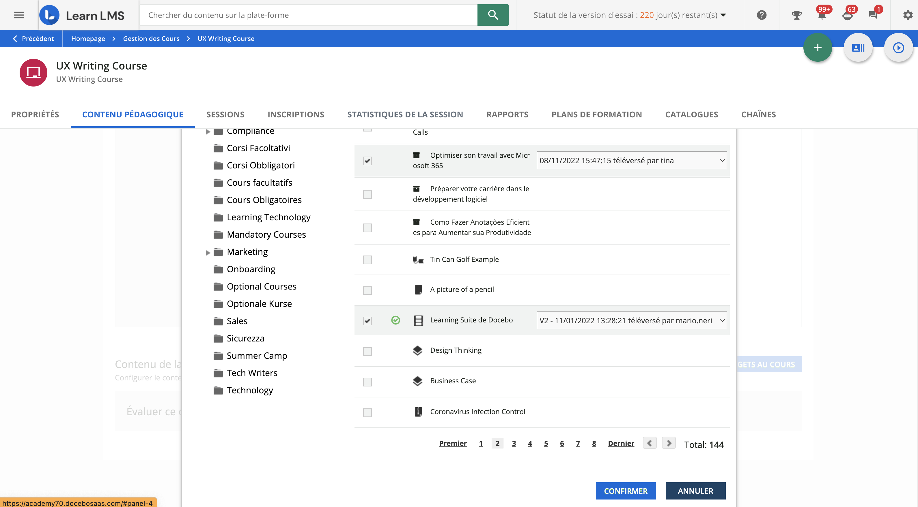 Versions du contenu pedagogique dans le depot central