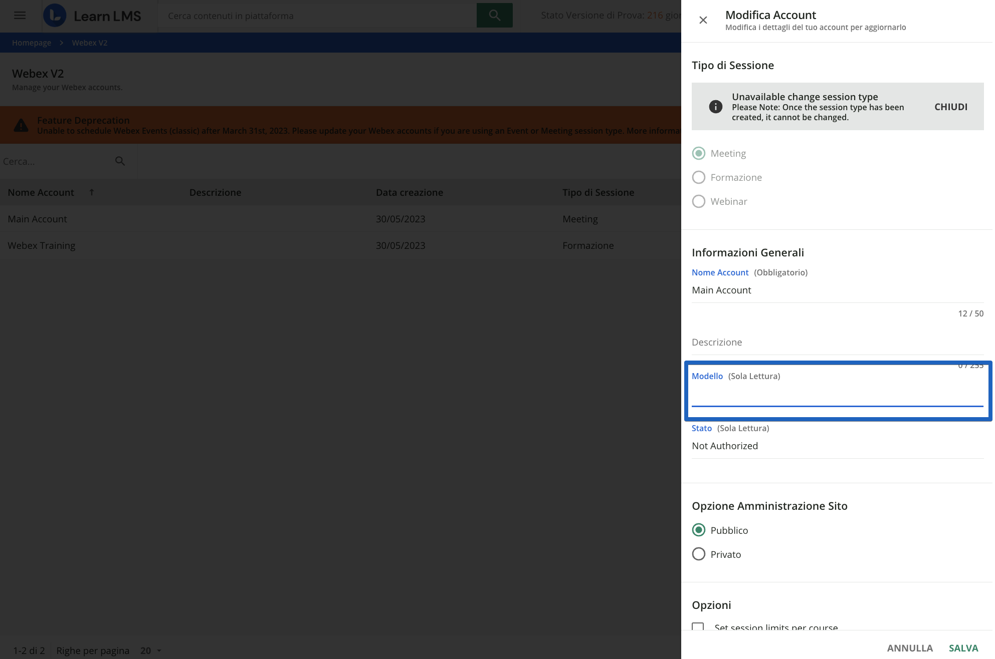 Selezionare il modello