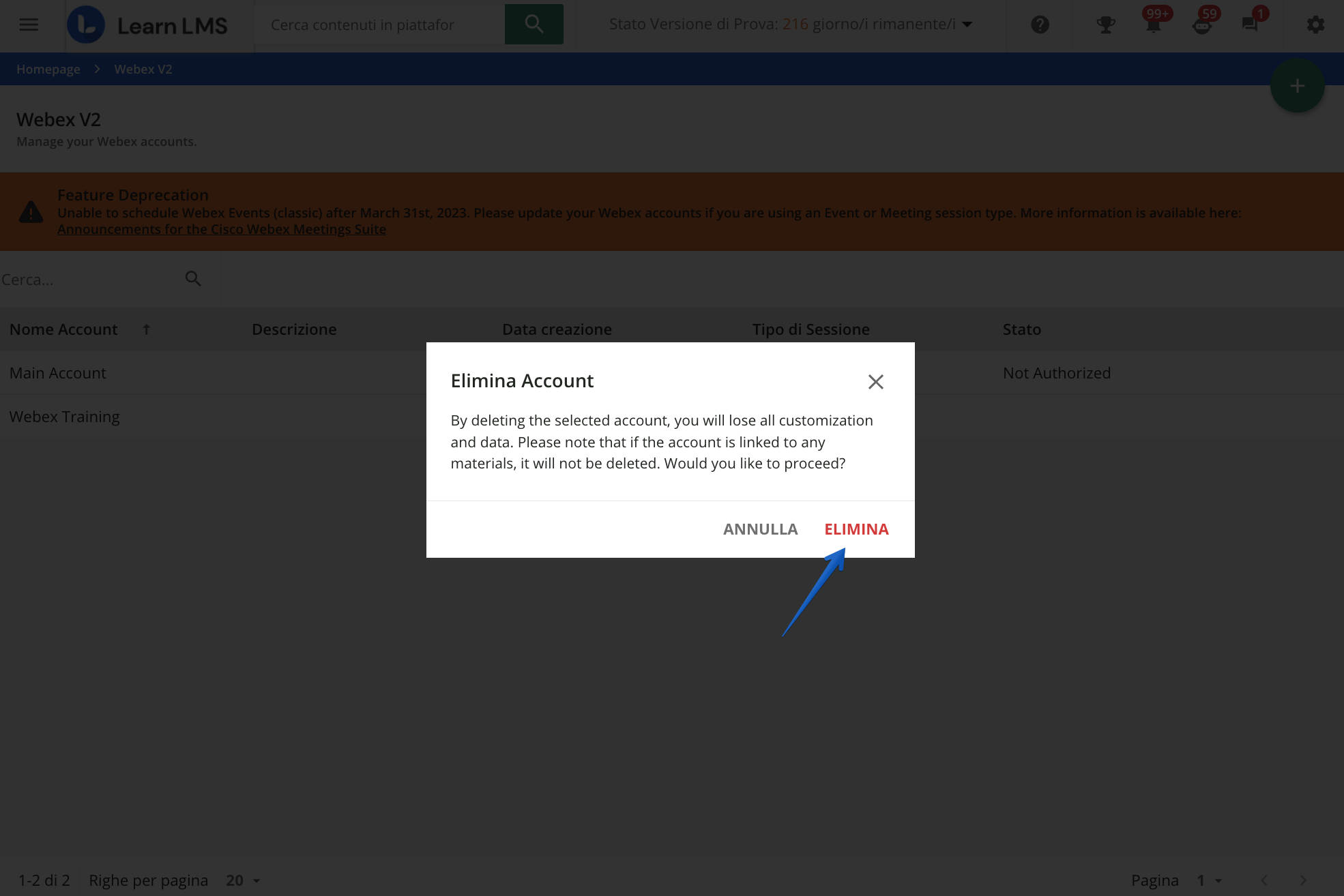 Conferma di eliminazione dell'account