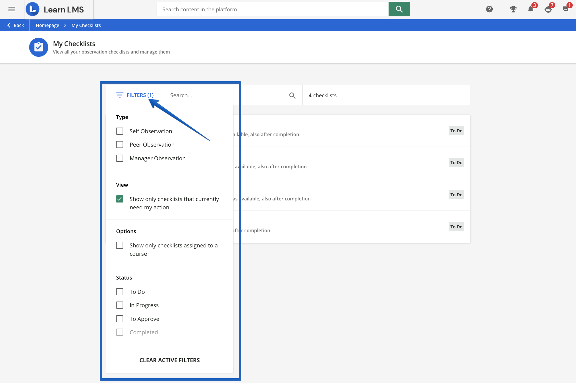 Filters for checklists