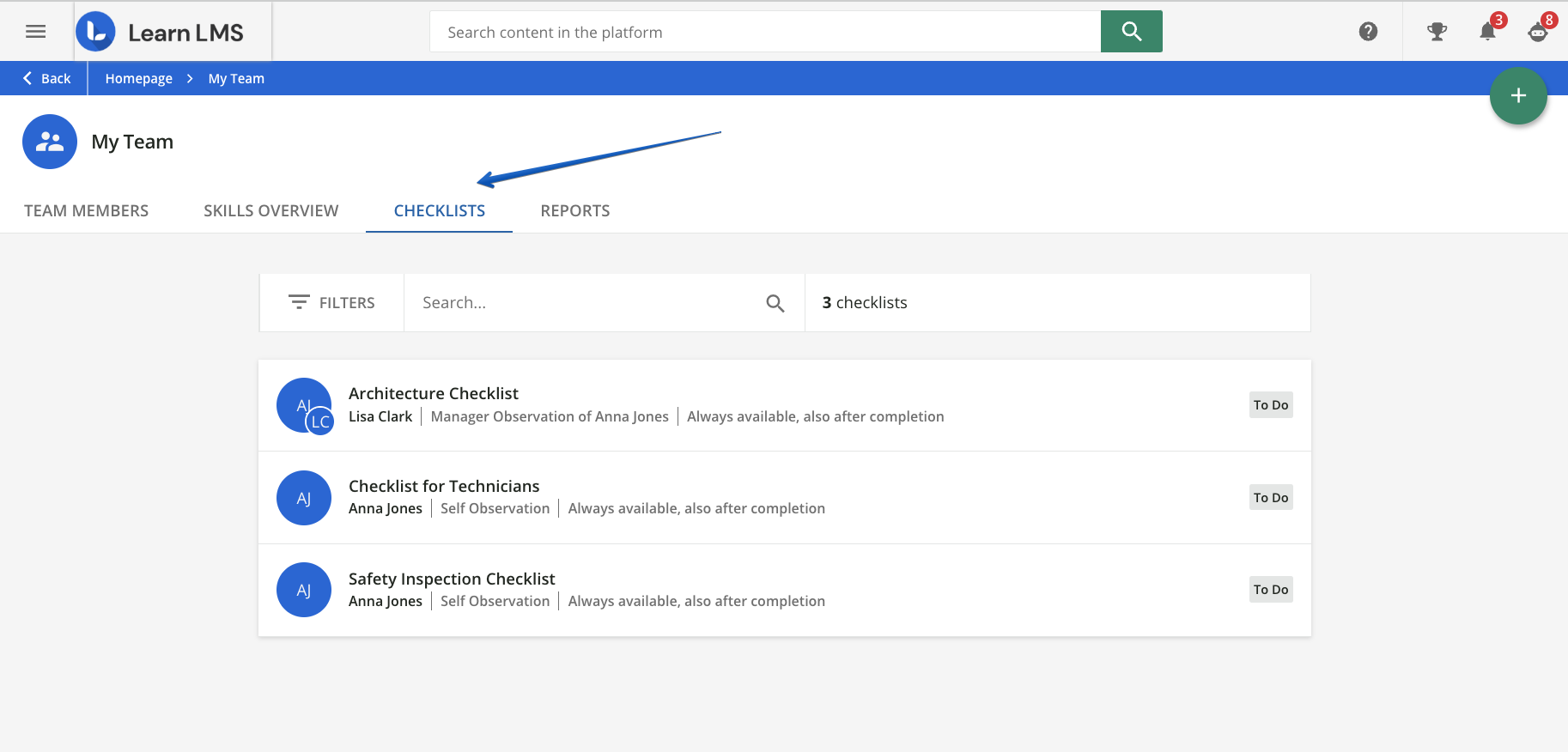 Checklist in the My Team page