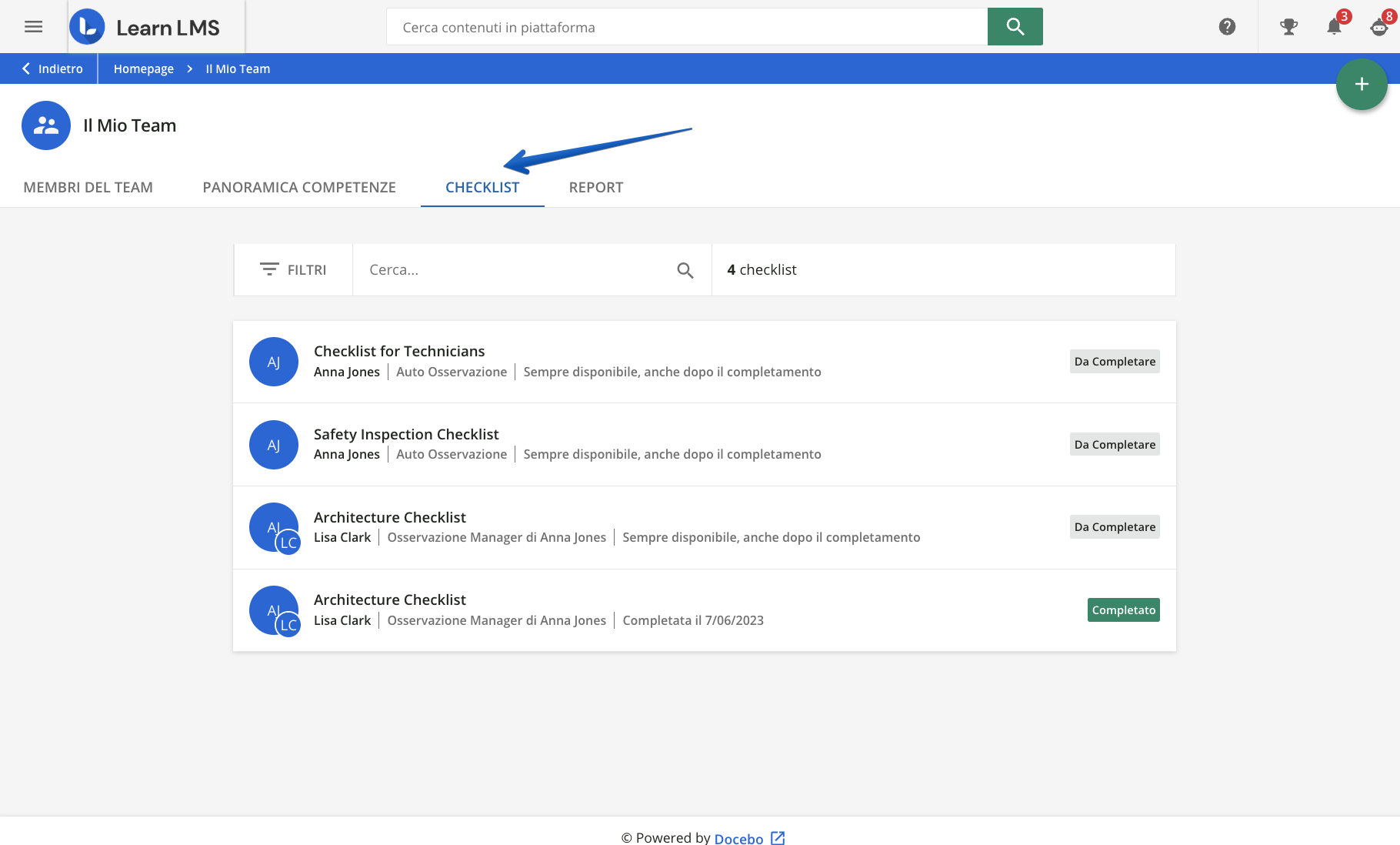 Checklist nella pagina Il Mio Team