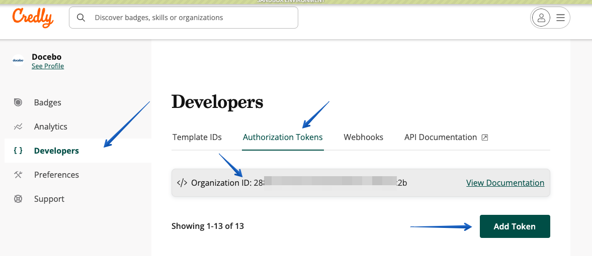 Locating the Organization ID and adding a token in Credly