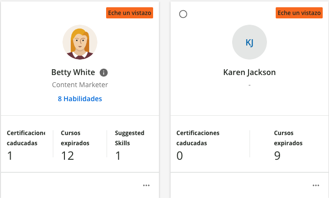 Tarjetas de usuarios de Mi equipo