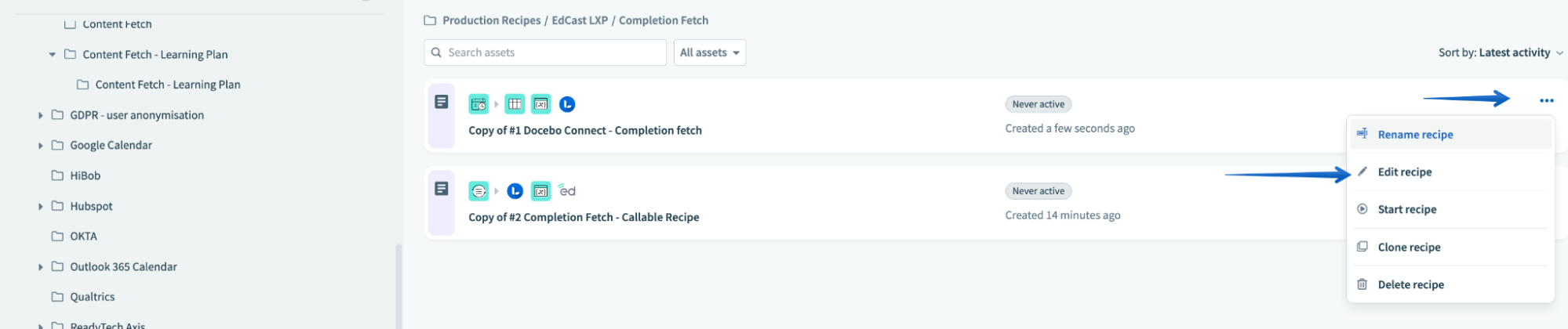 Selecting edit recipe