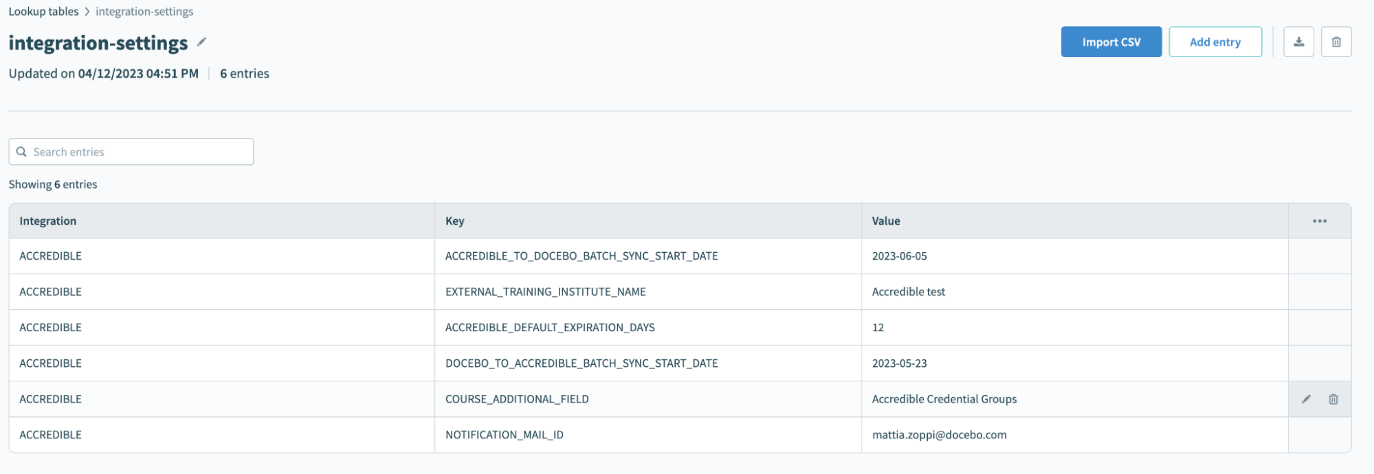 An example integration-settings lookup table