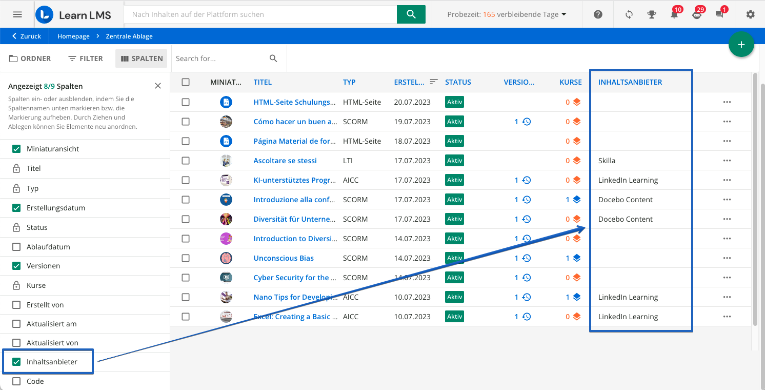 Hinzufügen von Schulungsunterlagen aus dem Inhaltsmarktplatz