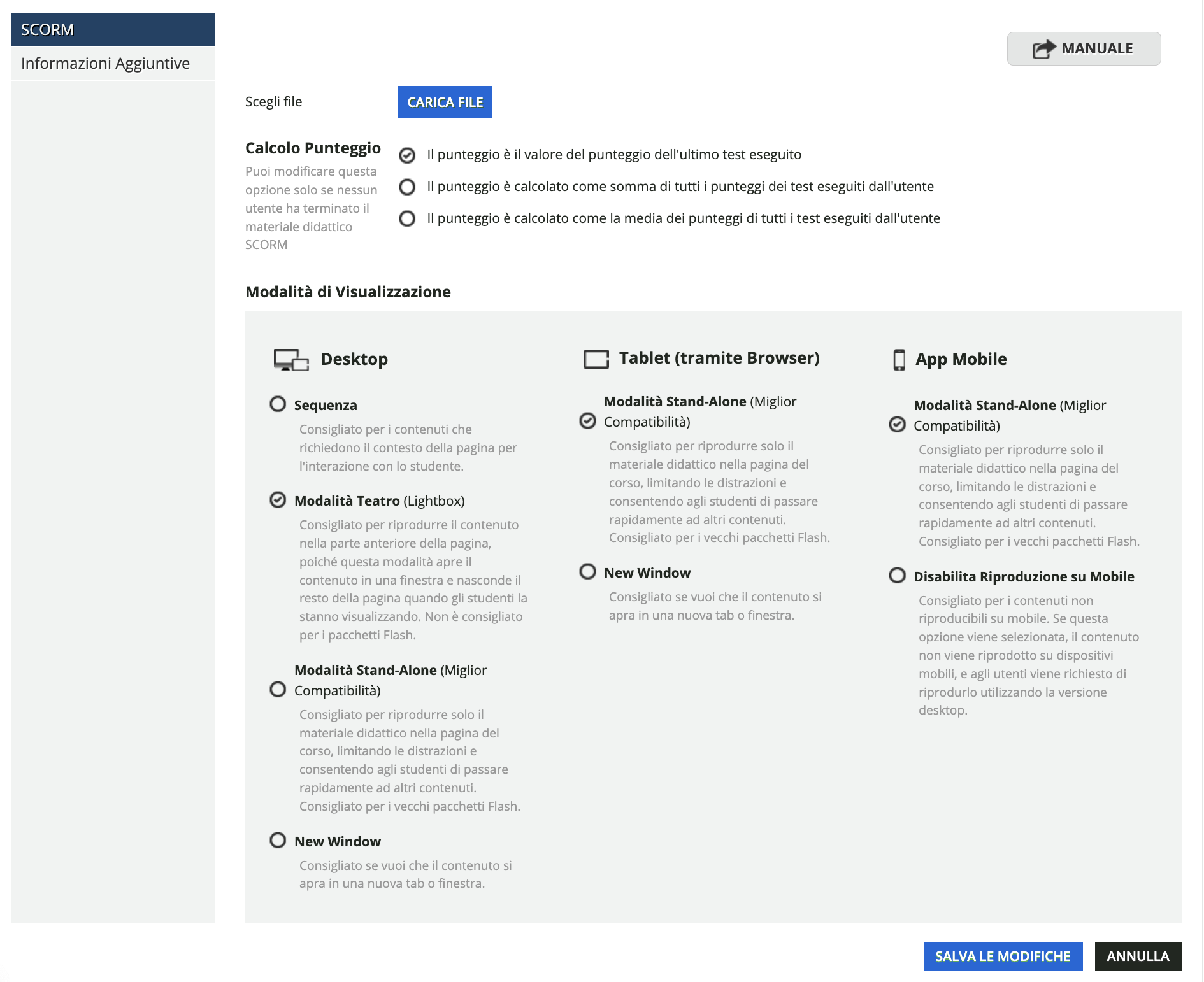Modalità di visualizzazione SCORM