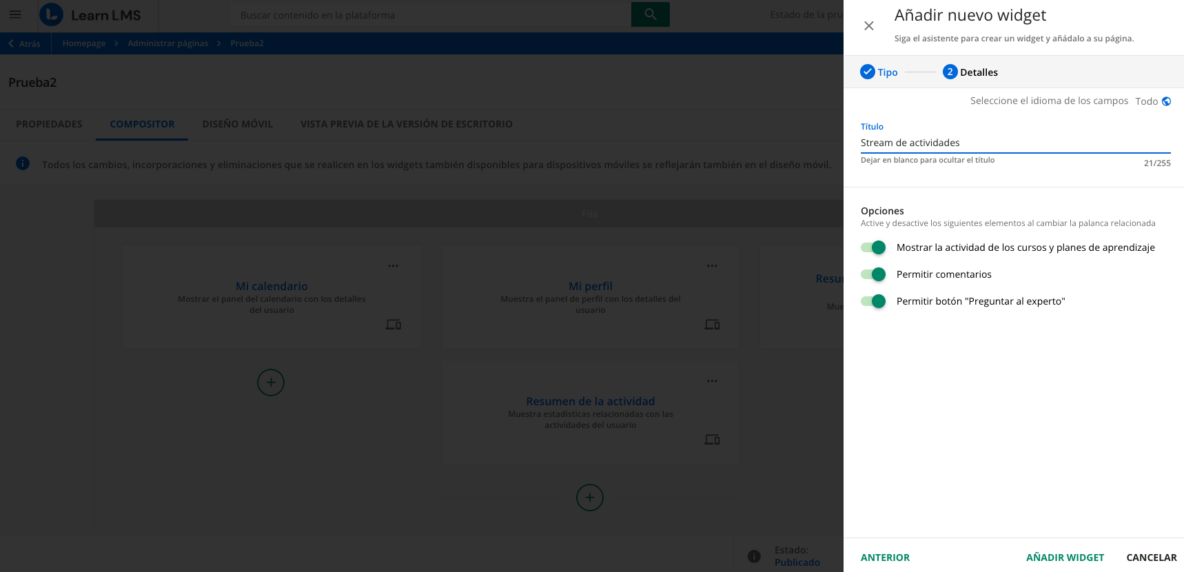 Widget Stream de actividades