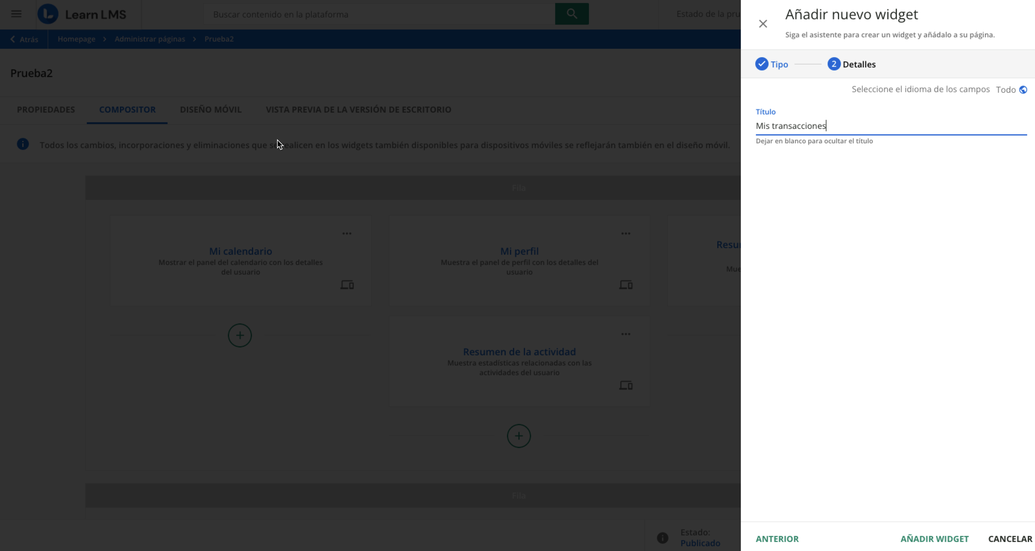 Widget Mis transacciones
