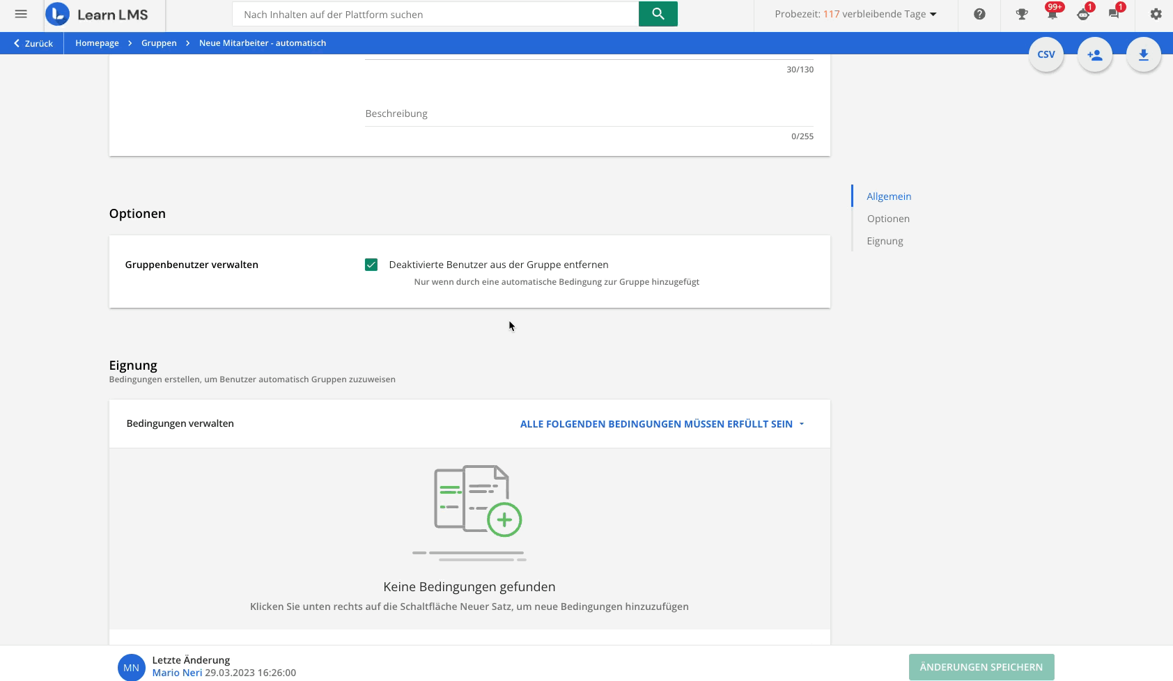 Neue Bedingungen zur Einschreibung in eine automatische Gruppe