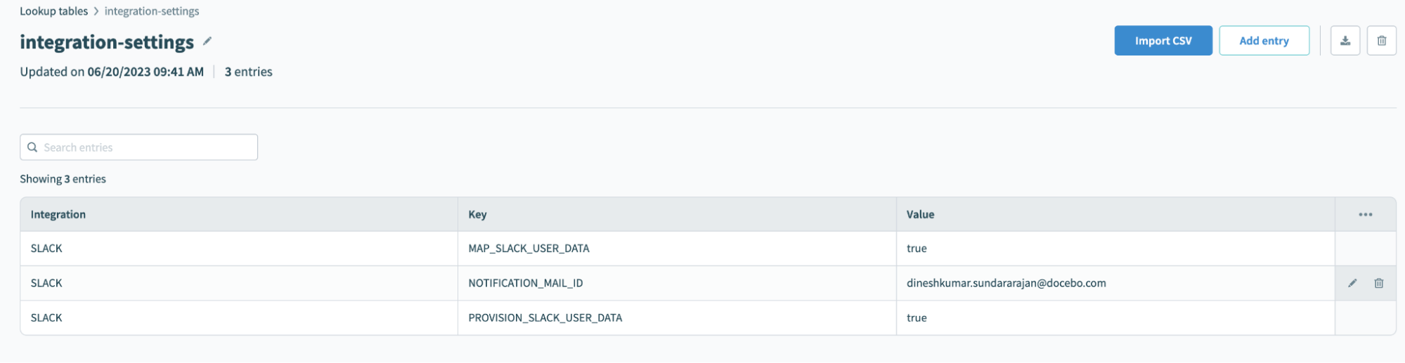 The populated integration-settings table for Slack